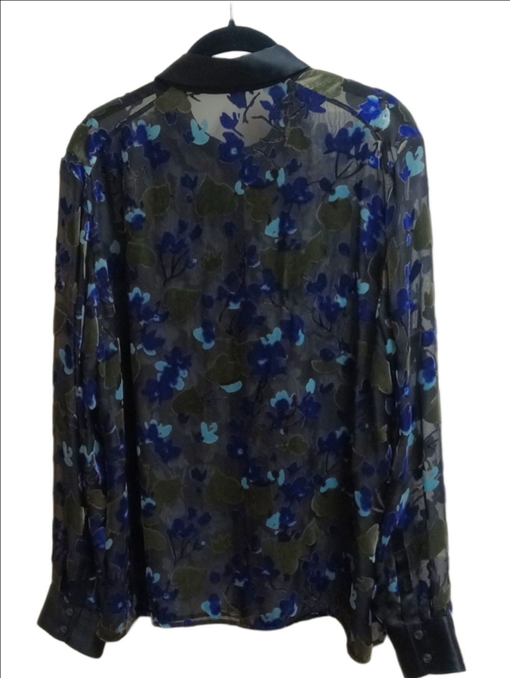 🆕💙RAG & BONE "GIGI" BLACK SILK BLEND SHEER BLOUSE BLUE FLORAL VELVET BURNOUT - Picture 7 of 13